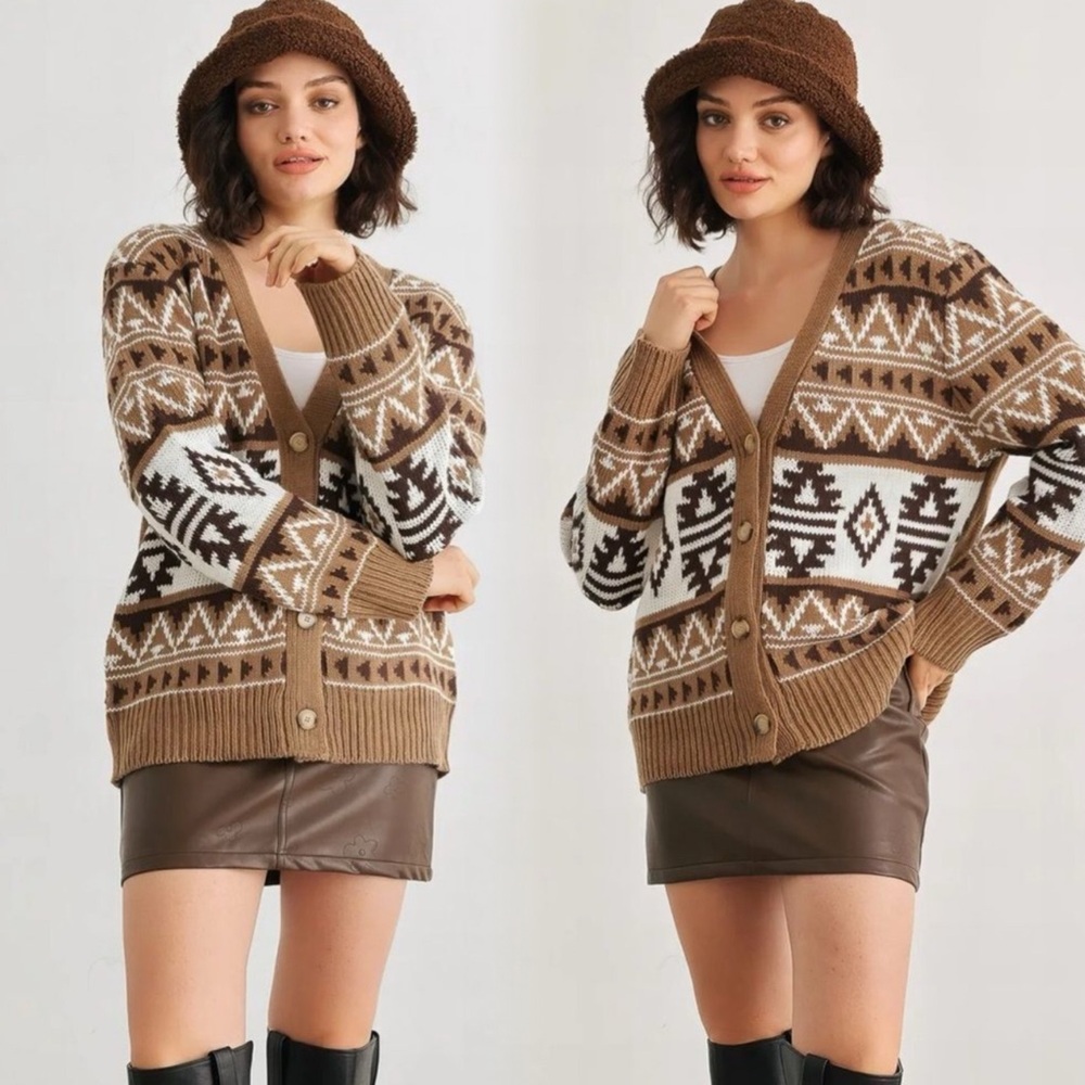 Brown Geometric Pattern Cardigan Sweater
